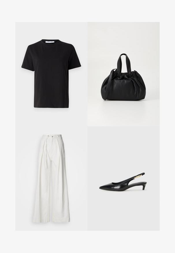 Black short-sleeve t-shirt made of soft cotton, featuring a round neckline, relaxed fit, and a smooth texture. No visible patterns or graphics.; White, wide-leg trousers made of lightweight fabric. Features a front belt loop, long tie belt, and subtle pleats for a relaxed fit.; Black leather slingback heels with a pointed toe, featuring a slim heel and a gold-tone accent on the adjustable strap. Smooth texture.; Black leather handbag with a gathered top design, featuring two short handles and a long adjustable strap. Smooth texture, rounded shape.