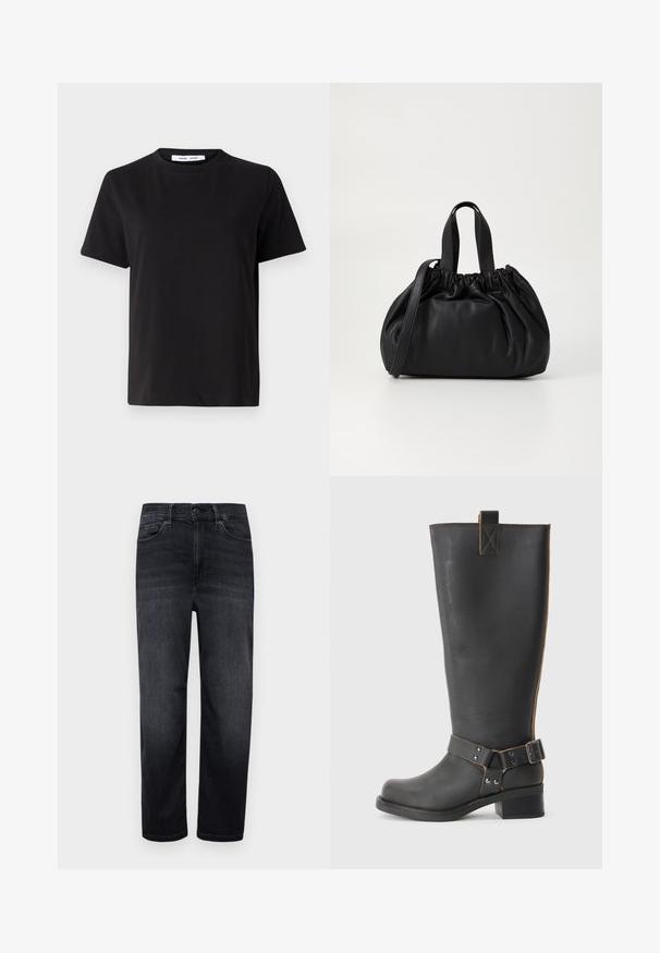 T-shirt preto de manga curta feito de algodão suave, com decote redondo, ajuste descontraído e uma textura suave. Sem padrões ou gráficos visíveis.; Jeans de ganga escura com um corte regular, pernas retas, bolsos frontais, um pequeno bolso para moedas e fecho com botão. Textura suave e desvanecimento mínimo.; Bota preta de couro até ao joelho com um acabamento texturizado, apresentando um detalhe de fivela lateral e um salto baixo. Costura detalhada ao longo das costuras.; Bolsa de couro preta com um design de topo franzido, apresentando duas alças curtas e uma alça longa ajustável. Textura suave, formato arredondado.