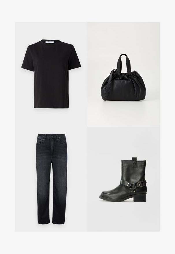 Sort t-shirt med korte ærmer fremstillet af blødt bomuld, med rund halsudskæring, afslappet pasform og en glat overflade. Ingen synlige mønstre eller grafik.; Mørk denimjeans med almindelig pasform, lige ben, frontlommer, en lille møntlomme og knaplukning. Glat tekstur og minimal falming.; Samsøe Samsøe SABRENTA - Cowboy- / bikerstøvlette - black; Sort læderhåndtaske med en samlet topdesign, der har to korte håndtag og en lang justerbar rem. Glat overflade, rund form.