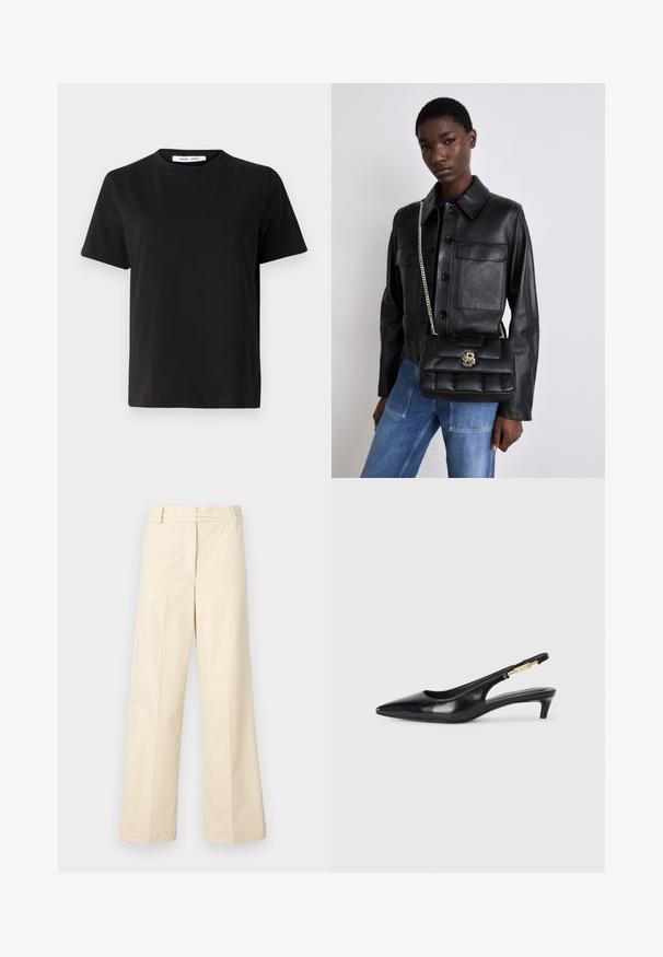 T-shirt nero a maniche corte realizzato in morbido cotone, con scollatura rotonda, vestibilità rilassata e una superficie liscia. Nessun motivo o grafica visibile.; Pantaloni beige a gamba larga con fronte piatto, passanti per la cintura e zip frontale. Realizzati in cotone leggero con una texture liscia.; Tacchi slingback in pelle nera con punta affusolata, caratterizzati da un tacco alto e un accento dorato sulla cinghia regolabile. Texture liscia.; Giacca nera in pelle con chiusura a bottoni e due tasche frontali, abbinata a una borsa a tracolla nera trapuntata con chiusura dorata e tracolla a catena.