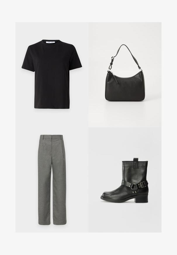 Svart kortermet t-skjorte laget av myk bomull, med rund hals, avslappet passform og en jevn tekstur. Ingen synlige mønstre eller grafikk.; Grå skreddersydde bukser med teksturert stoff, med flat front, beltehemper og vid ben-design. Ingen synlige lommer eller detaljer.; Samsøe Samsøe SABRENTA - Cowboystøvletter - black; Svart lærveske med en buet form, en enkelt stropp, glidelåslukking og subtil merkevarebygging på forsiden. Glatt tekstur, minimalistisk design.