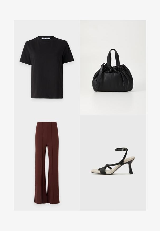 Sort t-shirt med korte ærmer fremstillet af blødt bomuld, med rund halsudskæring, afslappet pasform og en glat overflade. Ingen synlige mønstre eller grafik.; Brune brede bukser med høj talje, lavet af et glat stof med lodrette sømme foran og en pæn afsluttet kant.; Sorte hælede sandal med flettet remdesign, firkantet tå og justerbar ankelrem. Lys beige fodseng med en blank sort hæl.; Sort læderhåndtaske med en samlet topdesign, der har to korte håndtag og en lang justerbar rem. Glat overflade, rund form.