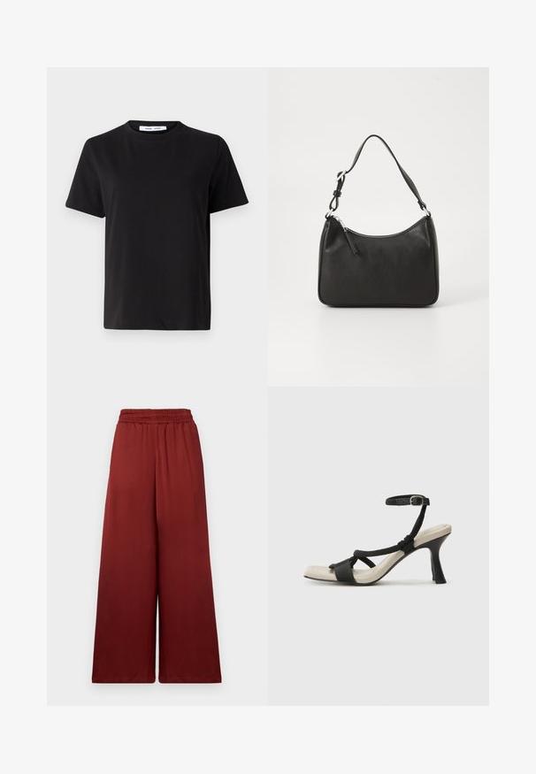 Must have lühikeste varrukatega t-särk, mis on valmistatud pehmest puuvillast, ümmarguse kaelusega, lõdva sobivusega ja sileda tekstuuriga. Ei ole nähtavaid mustreid ega graafikat.; Laiad püksid, mis on valmistatud siledast kangast sügavas burgundia värvitoonis, elastse vöökoha ja mugava ning voolava langevusega.; Mustad musta kontsaga sandaal, millel on punutud rihma disain, ruudukujuline varvas ja reguleeritav pahkluu rihm. Heleda beeži värvi jalapadi ja läikiv must konts.; Must musta käekott, millel on kumer kuju, üks rihm, lukuga sulgemine ja peen brändimine esiküljel. Sile tekstuur, minimalistlik disain.