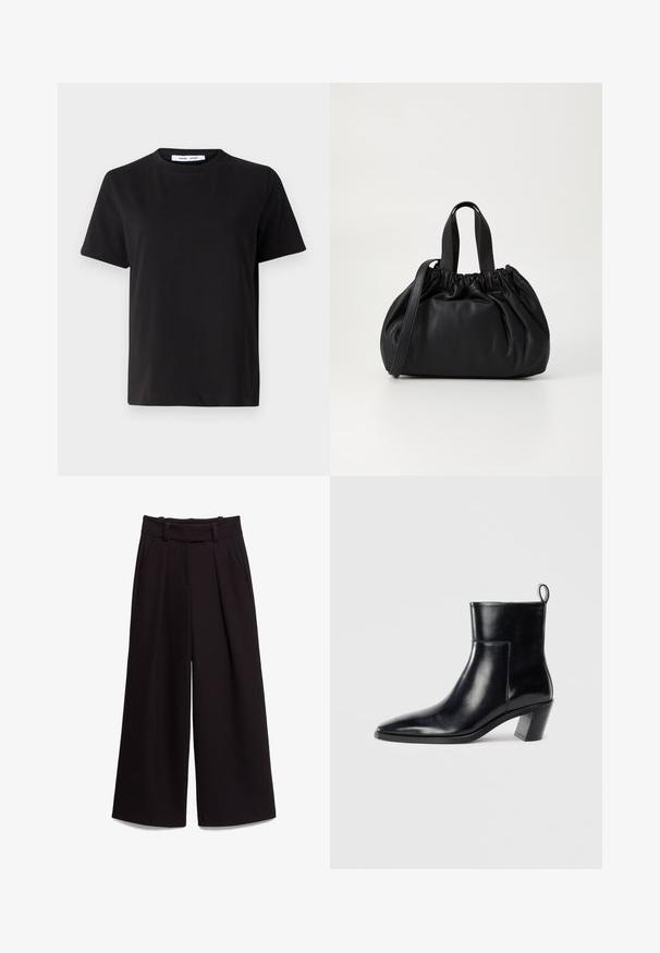 Črna majica s kratkimi rokavi iz mehkega bombaža, ki ima okroglo izrezovanje, udoben kroj in gladko teksturo. Brez vidnih vzorcev ali grafike.; Črne široke hlače, narejene iz gladkega materiala, z visokim pasom, zanke za pas in dvema sprednjima žepoma. Nabran dizajn dodaja teksturo.; Črne usnjene gležnjarje s koničastim prstom, geometrijsko oblikovanim zloženim peto in zanko na hrbtni strani. Gladka tekstura in eleganten dizajn.; Črna usnjena torbica z zloženim zgornjim dizajnom, opremljena z dvema kratkima ročkama in dolgo nastavljivo naramnico. Gladka tekstura, okrogla oblika.