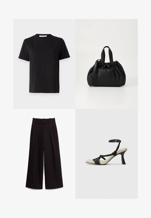 Sort t-shirt med korte ærmer fremstillet af blødt bomuld, med rund halsudskæring, afslappet pasform og en glat overflade. Ingen synlige mønstre eller grafik.; Sorte vidde bukser lavet af glat stof, med høj talje, bælteløkker og to forlommer. Plisseret design tilføjer tekstur.; Sorte hælede sandal med flettet remdesign, firkantet tå og justerbar ankelrem. Lys beige fodseng med en blank sort hæl.; Sort læderhåndtaske med en samlet topdesign, der har to korte håndtag og en lang justerbar rem. Glat overflade, rund form.