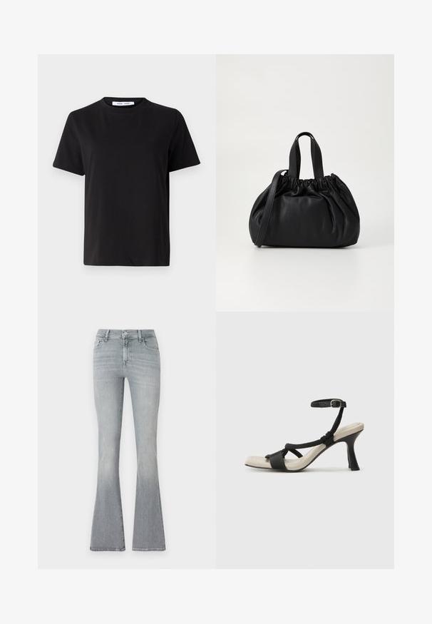 Črna majica s kratkimi rokavi iz mehkega bombaža, ki ima okroglo izrezovanje, udoben kroj in gladko teksturo. Brez vidnih vzorcev ali grafike.; Široke kavbojke iz svetlo sive denima. Visok pas, z subtilnim bledenjem od vrha do roba. Klasična zasnova s petimi žepi in kovinskim gumbom.; Črne sandale na visoki peti z prepletenim trakom, kvadratnim nosom in nastavljivim gležnjenjem. Svetlo bež podplat z sijajno črno peto.; Črna usnjena torbica z zloženim zgornjim dizajnom, opremljena z dvema kratkima ročkama in dolgo nastavljivo naramnico. Gladka tekstura, okrogla oblika.