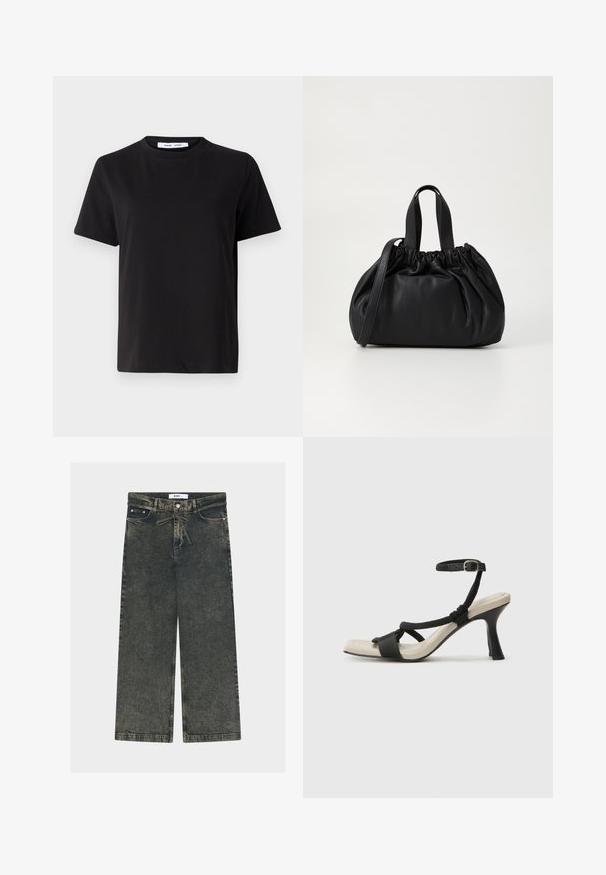 Sort t-shirt med korte ærmer fremstillet af blødt bomuld, med rund halsudskæring, afslappet pasform og en glat overflade. Ingen synlige mønstre eller grafik.; Vidbenede jeans i mørkegrå denim med en tekstureret finish, med knaplukning, bæltestropper og forlommer.; Sorte hælede sandal med flettet remdesign, firkantet tå og justerbar ankelrem. Lys beige fodseng med en blank sort hæl.; Sort læderhåndtaske med en samlet topdesign, der har to korte håndtag og en lang justerbar rem. Glat overflade, rund form.