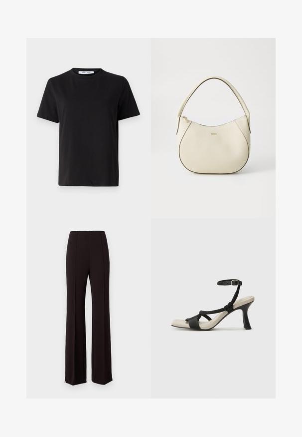 Juodas trumpas rankovės marškinėliai, pagaminti iš minkštos medvilnės, su apvaliu iškirpimu, laisvu pritaikymu ir lygiu paviršiumi. Nėra matomų raštų ar grafikos.; Juodi aukšto juosmens kelnių modeliai su platėjančiomis kojomis, su vertikaliomis siūlėmis ir įpjovomis apačioje, kad būtų pridėta išsiskyrimo. Audinys atrodo lygus.; Juodų aukštakulnių sandalų su pintu dirželiu dizainas, kvadratine nosimi ir reguliuojamu kulkšnies dirželiu. Šviesiai bežė padas su blizgiu juodu kulnu.; Grietos spalvos rankinė su tekstūruotu paviršiumi, kreivos formos, trumpa rankena ir auksinės spalvos logotipo detalė. Užtrauktuko uždarymas viršuje.