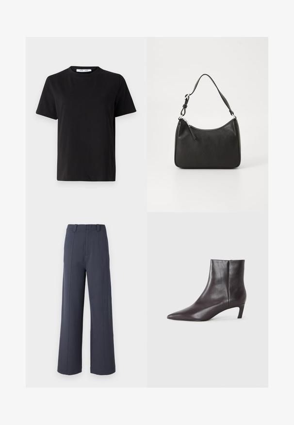 T-shirt preto de manga curta feito de algodão suave, com decote redondo, ajuste descontraído e uma textura suave. Sem padrões ou gráficos visíveis.; Calças de perna larga em tecido cinza escuro. As características incluem uma cintura alta, pregas frontais e uma textura suave com passantes para cinto.; Bota de couro preta até o tornozelo com bico fino e salto baixo estilo kitten, acabamento liso, com fecho lateral, apresentada sobre um fundo neutro.; Mala de mão em couro preto com formato curvo, uma alça, fecho em zip e uma marcação discreta na frente. Textura suave, design minimalista.