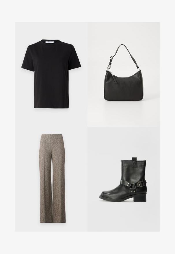 Tricou negru cu manșon scurt, fabricat din bumbac moale, având un guler rotund, o croială lejeră și o textură netedă. Fără modele sau grafice vizibile.; Pantaloni largi dintr-un material texturat de culoare maro, având un model discret în herringbone. Curea elastică pentru confort, design drept.; Samsøe Samsøe SABRENTA - Botine cowboy/biker - black; Geantă de mână din piele neagră, cu o formă curbată, curea unică, închidere cu fermoar și un branding subtil pe față. Textură fină, design minimalist.