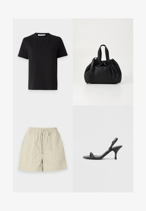 T-shirt noir à manches courtes en coton doux, avec un col rond, une coupe décontractée et une texture lisse. Pas de motifs ni de graphiques visibles.; Shorts beige clair en tissu texturé avec une taille élastique et un cordon de serrage, dotés de poches latérales et d'une coupe décontractée.; Sandales à talons hauts en cuir noir avec un talon fin et courbé et un design de brides croisées. Bride de cheville réglable. Texture lisse.; Sac à main en cuir noir avec un design à haut froncé, doté de deux poignées courtes et d'une bandoulière longue et réglable. Texture lisse, forme arrondie.
