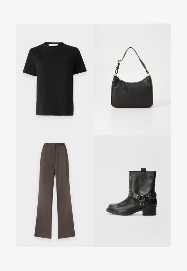 Juodas trumpas rankovės marškinėliai, pagaminti iš minkštos medvilnės, su apvaliu iškirpimu, laisvu pritaikymu ir lygiu paviršiumi. Nėra matomų raštų ar grafikos.; Plati kelnės iš tvirto rudos spalvos audinio, pasižyminčios lygia tekstūra, dirželių kilpomis, priekinėmis raukšlėmis ir be matomų kišenių.; Samsøe Samsøe SABRENTA - Kaubojiški / motociklininko stiliaus aulinukai - black; Juoda odinė rankinė su išlenkta forma, viena dirželiu, užtrauktuko uždarymu ir subtiliu ženklinimu priekyje. Lygus paviršius, minimalistinis dizainas.