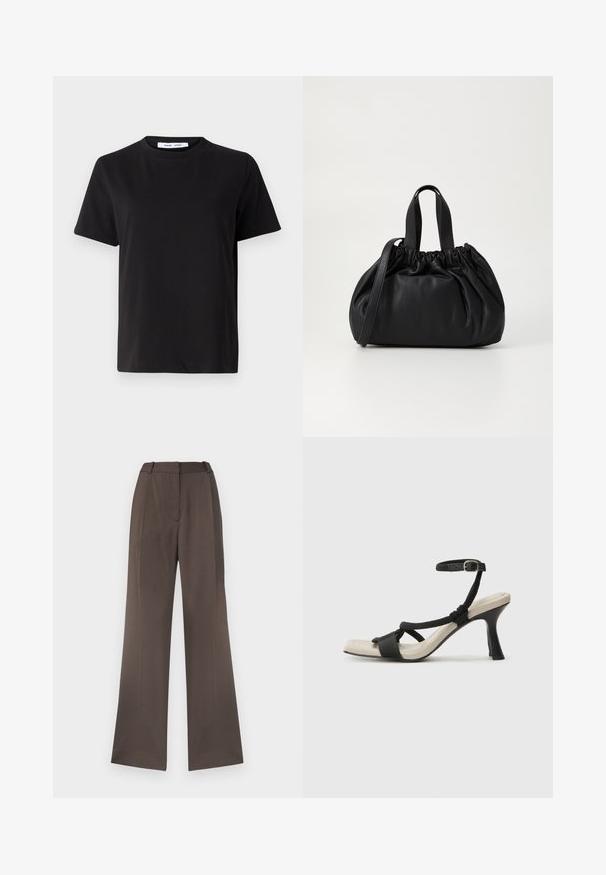 Black short-sleeve t-shirt made of soft cotton, featuring a round neckline, relaxed fit, and a smooth texture. No visible patterns or graphics.; Wide-leg trousers in a solid brown fabric, featuring a smooth texture, belt loops, front crease, and no visible pockets.; Black heeled sandal with braided strap design, square toe, and adjustable ankle strap. Light beige footbed with a glossy black heel.; Black leather handbag with a gathered top design, featuring two short handles and a long adjustable strap. Smooth texture, rounded shape.