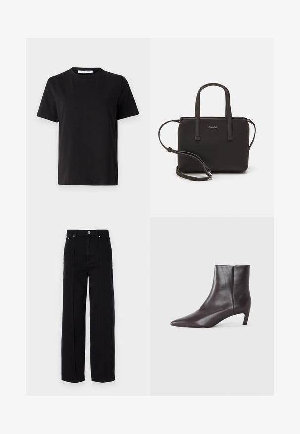 Černé tričko s krátkým rukávem vyrobené z měkké bavlny, s kulatým výstřihem, volným střihem a hladkým povrchem. Žádné viditelné vzory ani grafika.; Černé džínové široké kalhoty s vysokým pasem, které mají pět kapes, kovové zapínání na knoflík a rovné švy po stranách.; Černá kožená kotníková bota s špičatou špičkou a nízkým podpätkem, hladký povrch, boční zip, zobrazená na neutrálním pozadí.; Černá kabelka s dvojitými krátkými uchy a odnímatelným ramenním popruhem. Hladký koženkový materiál s uzávěrem na zip a detailem loga.
