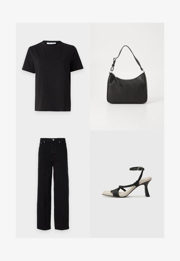 Tricou negru cu manșon scurt, fabricat din bumbac moale, având un guler rotund, o croială lejeră și o textură netedă. Fără modele sau grafice vizibile.; Pantaloni largi din denim negru cu talie înaltă, dotati cu cinci buzunare, închidere cu buton metalic și detalii cu cusături drepte pe laturi.; Sandal cu toc negru, cu design de curea împletită, vârf pătrat și curea de gleznă ajustabilă. Tălpică de un bej deschis și toc negru lucios.; Geantă de mână din piele neagră, cu o formă curbată, curea unică, închidere cu fermoar și un branding subtil pe față. Textură fină, design minimalist.