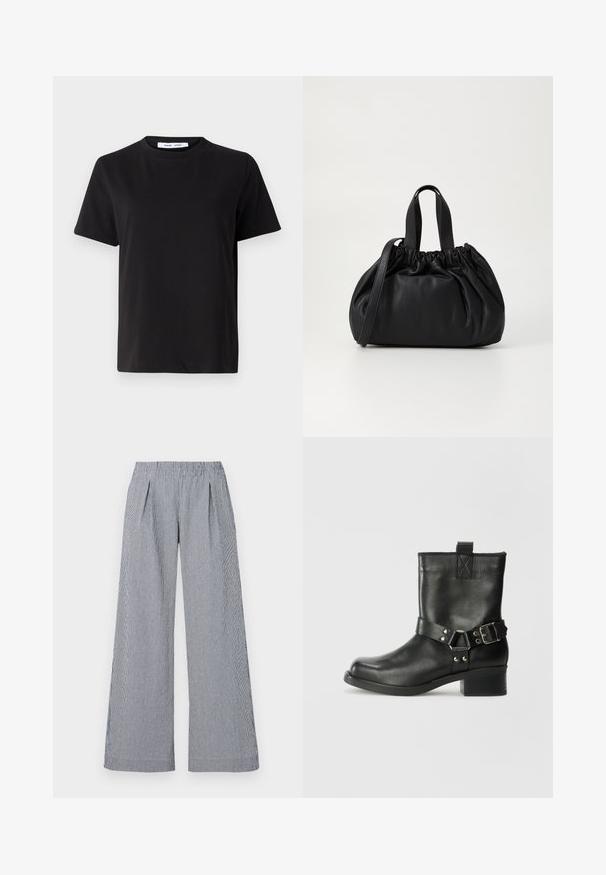 Zwart T-shirt met korte mouwen, gemaakt van zachte katoen, met een ronde hals, een ontspannen pasvorm en een gladde textuur. Geen zichtbare patronen of opdrukken.; Lange broek in marineblauw en wit gestreepte stof. Heeft een elastische tailleband en twee voorplooien voor extra details.; Samsøe Samsøe SABRENTA - Cowboy-/Bikerlaarsjes - black; Zwarte leren handtas met een geplooid ontwerp aan de bovenkant, voorzien van twee korte handvatten en een lange verstelbare schouderband. Gladde textuur, ronde vorm.