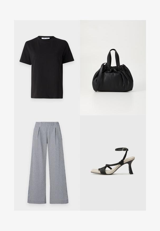 Black short-sleeve t-shirt made of soft cotton, featuring a round neckline, relaxed fit, and a smooth texture. No visible patterns or graphics.; Wide-leg trousers in Navy and white striped fabric. Features an elastic waistband and two front pleats for added detail.; Black heeled sandal with braided strap design, square toe, and adjustable ankle strap. Light beige footbed with a glossy black heel.; Black leather handbag with a gathered top design, featuring two short handles and a long adjustable strap. Smooth texture, rounded shape.
