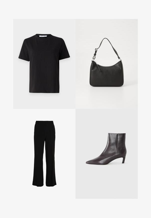 Melna īsām piedurknēm T-kreklu, kas izgatavots no mīksta kokvilnas, ar apļveida kakla izgriezumu, brīvu piegriezumu un gludu tekstūru. Nav redzamu rakstu vai grafikas.; Melnas bikses ar taisnu kāju dizainu, izgatavotas no gludas auduma. Iekļauj vidēja augstuma jostasvietu un bez redzamām kabatām vai rotājumiem.; Melna ādas potītes zābaks ar norādītu purngalu un zemu kaķēnu papēdi, gluda apdare, sānu rāvējslēdzis, rādīts neitrālā fona.; Melnas ādas rokassomu ar izliekta formu, vienu siksnu, ar rāvējslēdzēju aizdari un diskrētu zīmolu uz priekšpuses. Gluda tekstūra, minimālisma dizains.