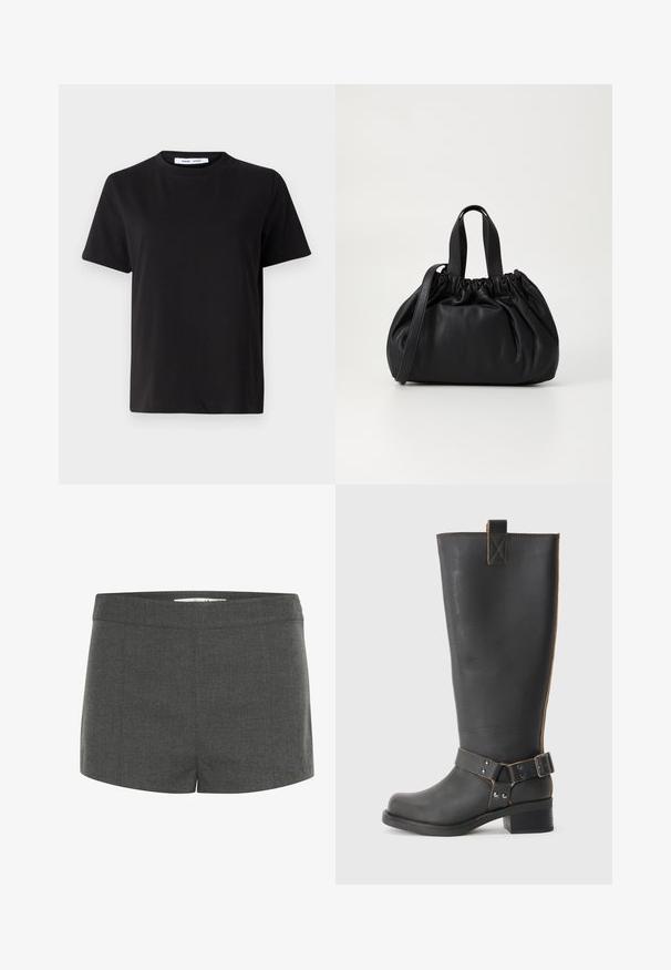 Crna kratka majica s kratkim rukavima od mekanog pamuka, s okruglim izrezom, opuštenim krojem i glatkom teksturom. Nema vidljivih uzoraka ili grafike.; Sive kratke hlače krojene od teksturiranog materijala, s ravnim pojasom i ravnim krojem, bez džepova ili ukrasa.; Crne kožne čizme do koljena s teksturiranom završnom obradom, sa bočnim detaljem s kopčom i niskom petom. Detaljno šivanje duž šavova.; Crna kožna torba s nabranim dizajnom na vrhu, s dva kratka ručka i dugim podesivim remenom. Glatka tekstura, zaobljen oblik.