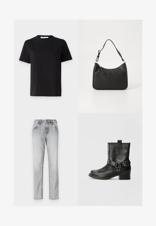 T-shirt preto de manga curta feito de algodão suave, com decote redondo, ajuste descontraído e uma textura suave. Sem padrões ou gráficos visíveis.; Jeans de ganga cinza com um corte clássico, apresentando um fecho de botão, cinco bolsos e um desvanecimento subtil para textura. Design de perna reta.; Samsøe Samsøe SABRENTA - Bota de tornozelo estilo cowboy/motociclista - black; Mala de mão em couro preto com formato curvo, uma alça, fecho em zip e uma marcação discreta na frente. Textura suave, design minimalista.