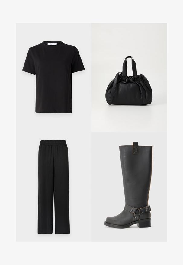 T-shirt preto de manga curta feito de algodão suave, com decote redondo, ajuste descontraído e uma textura suave. Sem padrões ou gráficos visíveis.; Calças largas pretas com uma cintura elástica, feitas de um tecido leve e suave. Apresenta um corte reto e sem padrões visíveis.; Bota preta de couro até ao joelho com um acabamento texturizado, apresentando um detalhe de fivela lateral e um salto baixo. Costura detalhada ao longo das costuras.; Bolsa de couro preta com um design de topo franzido, apresentando duas alças curtas e uma alça longa ajustável. Textura suave, formato arredondado.