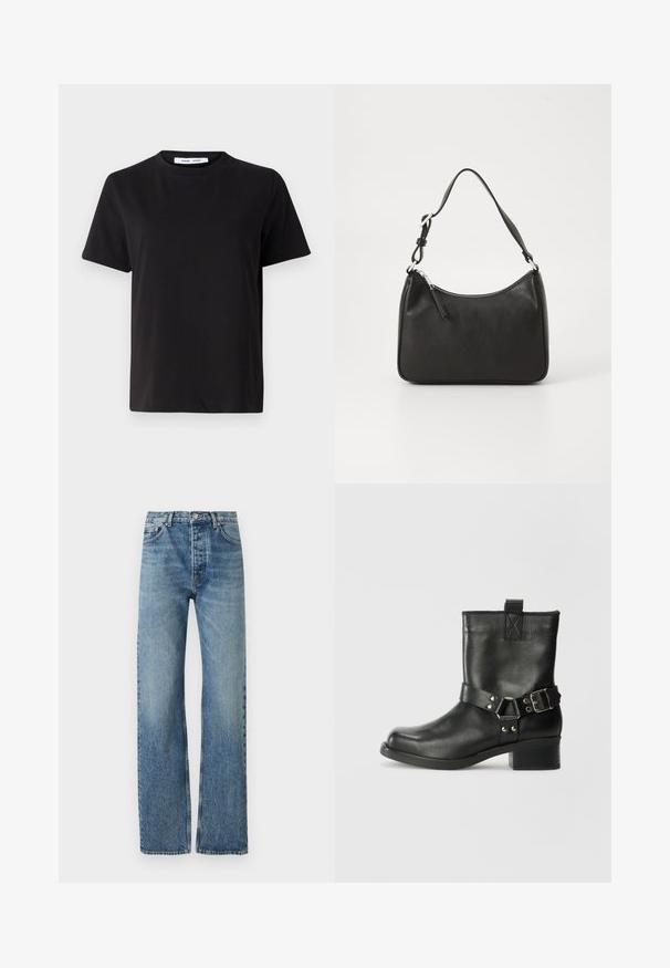 Črna majica s kratkimi rokavi iz mehkega bombaža, ki ima okroglo izrezovanje, udoben kroj in gladko teksturo. Brez vidnih vzorcev ali grafike.; Svijetloplave traperice visokog struka ravnog kroja izrađene od traper tkanine. Sadrže klasičan stil s pet džepova i srebrnim hardverom.; Samsøe Samsøe SABRENTA - Gležnjar v kavbojskem in motorističnem slogu - black; Črna usnjena torba za roke s ukrivljenim oblikom, enim trakom, zadrgo in diskretnim blagovnim znamkom na sprednjem delu. Gladka tekstura, minimalističen dizajn.