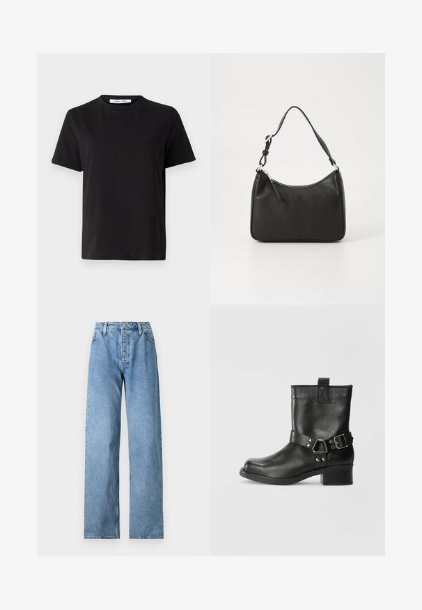 Tricou negru cu manșon scurt, fabricat din bumbac moale, având un guler rotund, o croială lejeră și o textură netedă. Fără modele sau grafice vizibile.; Blugi din denim de culoare albastru deschis, cu talie înaltă, croială largă, închidere cu cinci nasturi și bucle pentru curea. Țesătura are o textură netedă, cu o decolorare minimă.; Samsøe Samsøe SABRENTA - Botine cowboy/biker - black; Geantă de mână din piele neagră, cu o formă curbată, curea unică, închidere cu fermoar și un branding subtil pe față. Textură fină, design minimalist.