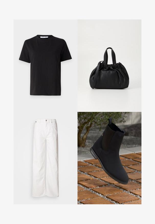 Μαύρη κοντομάνικη μπλούζα φτιαγμένη από μαλακό βαμβάκι, με στρογγυλή λαιμόκοψη, άνετη εφαρμογή και απαλό υλικό. Χωρίς ορατά σχέδια ή γραφικά.; Λευκά παντελόνια πλάτους με ελαστικό ύφασμα βαμβακιού, διαθέτουν μπροστινό κούμπωμα με κουμπί, θηλές ζώνης και δύο μπροστινές τσέπες. Λείος υφής.; Μαύρη ankle μπότες με ελαστική πλευρική πάνελ που αιωρείται πάνω από ξύλινα τετράγωνα πλακάκια με βότσαλα σε εξωτερικό χώρο.; Μαύρη δερμάτινη τσάντα χειρός με σχεδίαση μαζεμένου κορυφής, διαθέτει δύο κοντές λαβές και μία μακριά ρυθμιζόμενη αλυσίδα. Λείος υφή, στρογγυλή μορφή.