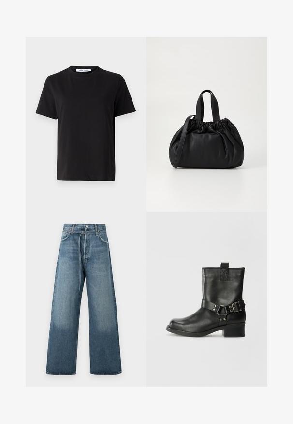 Čierne tričko s krátkym rukávom vyrobené z mäkkej bavlny, s okrúhlym výstrihom, uvoľneným strihom a hladkou štruktúrou. Žiadne viditeľné vzory ani grafika.; Široké modré džínsy s vyblednutým efektom, vyrobené z denimovej látky s viditeľným prešívaním a zapínaním na gombík v páse.; Samsøe Samsøe SABRENTA  - Kovbojská/motorkárska členková čižma - black; Čierna kožená kabelka so zberaným vrchom, s dvoma krátkymi držadlami a dlhým nastaviteľným popruhom. Hladká textura, zaoblený tvar.