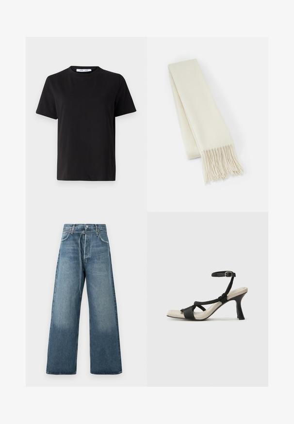 Crna kratka majica s kratkim rukavima od mekanog pamuka, s okruglim izrezom, opuštenim krojem i glatkom teksturom. Nema vidljivih uzoraka ili grafike.; Široke plave traperice u izblijedjelom izdanju, izrađene od denima s vidljivim šavnim detaljima i kopčanjem na gumba u struku.; Crne sandale na visokom potpetici s dizajnom pletenih trakica, kvadratnim vrhom i podešivom trakicom oko gležnja. Svijetlosmeđi ulošci s sjajnim crnim potpeticama.; Bijela vuna šal, pravokutnog oblika, glatke teksture, s resicama na krajevima za dodatni detalj.