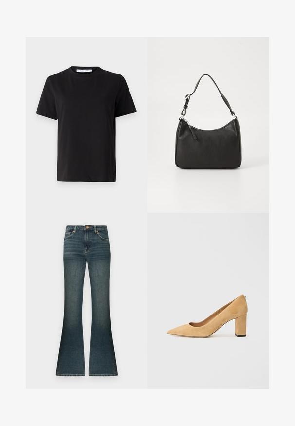 Černé tričko s krátkým rukávem vyrobené z měkké bavlny, s kulatým výstřihem, volným střihem a hladkým povrchem. Žádné viditelné vzory ani grafika.; Džíny s rozšířenými nohavicemi v tmavě modré barvě s jemným světlejším zesvětlením, standardním pasem a klasickým pětikapsovým designem. Akcenty z měděného tónu.; Beige semišové lodičky na vysokém podpatku s špičatou špičkou a silným blokovým podpatkem. Materiál má jemnou texturu a hladký povrch.; Černá kožená kabelka s zakřiveným tvarem, s jedním popruhem, zipovým uzávěrem a decentním logem na přední straně. Hladká textura, minimalistický design.