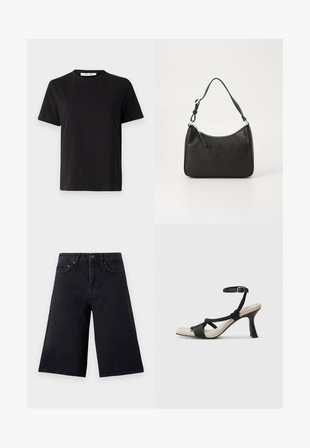 Svart kortärmad t-shirt i mjuk bomull, med rund halsringning, avslappnad passform och en mjuk yta. Inga synliga mönster eller tryck.; Svarta denim culotter med hög midja, två framfickor och en rak, bred bendesign. Hållbart tyg med minimala sömnadsdetaljer.; Svart klacksandaler med flätad remdesign, fyrkantig tå och justerbar vristrem. Ljusbeige fotbädd med glansig svart klack.; Svart läderhandväska med en böjd form, en enda rem, dragkedjestängning och subtil märkning på framsidan. Slät yta, minimalistisk design.