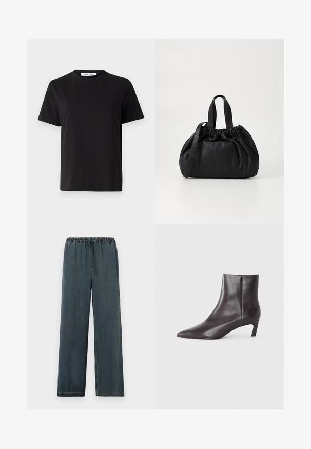 Černé tričko s krátkým rukávem vyrobené z měkké bavlny, s kulatým výstřihem, volným střihem a hladkým povrchem. Žádné viditelné vzory ani grafika.; Tmavě modré džínové kalhoty s elastickým pasem a stahovací šňůrkou. Široký střih nohavic s obrubami a hladkým, strukturovaným povrchem.; Černá kožená kotníková bota s špičatou špičkou a nízkým podpätkem, hladký povrch, boční zip, zobrazená na neutrálním pozadí.; Černá kožená kabelka s designem staženého vršku, která má dvě krátké ucha a dlouhý nastavitelný popruh. Hladký povrch, zaoblený tvar.