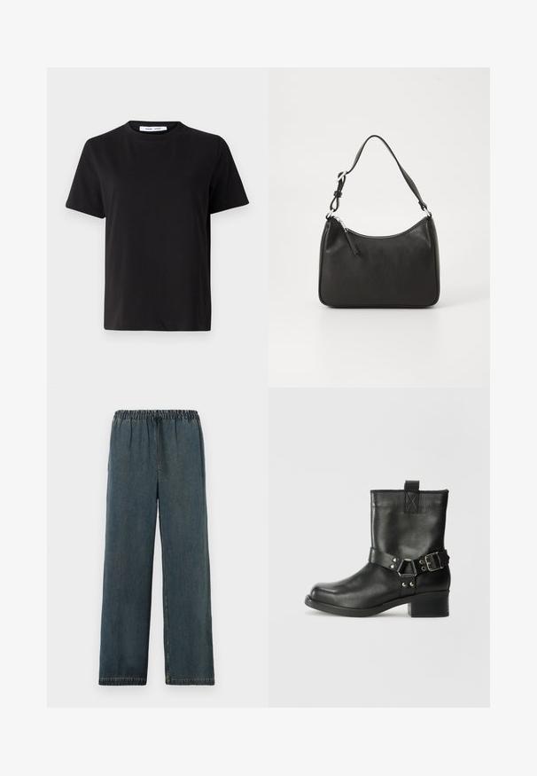 Čierne tričko s krátkym rukávom vyrobené z mäkkej bavlny, s okrúhlym výstrihom, uvoľneným strihom a hladkou štruktúrou. Žiadne viditeľné vzory ani grafika.; Tmavomodré džínsové nohavice s elastickým pásom a šnúrkou na stiahnutie. Široký strih s obšitými okrajmi a hladkým, textúrovaným povrchom.; Samsøe Samsøe SABRENTA - Kovbojská/motorkárska členková čižma - black; Čierna kožená kabelka s oblým tvarom, jediným popruhom, zipsom a nenápadným logom na prednej strane. Hladká textúra, minimalistický dizajn.