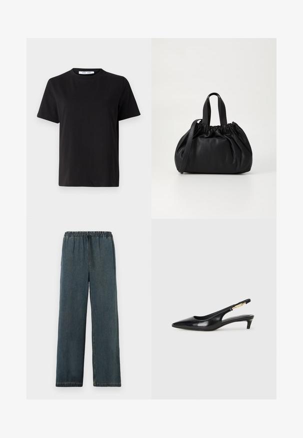 Zwart T-shirt met korte mouwen, gemaakt van zachte katoen, met een ronde hals, een ontspannen pasvorm en een gladde textuur. Geen zichtbare patronen of opdrukken.; Donkerblauwe denim broek met elastische tailleband en trekkoord. Wijde pijpen met afgewerkte zomen en een gladde, gestructureerde oppervlakte.; Zwarte leren slingback hakken met een spitse neus, voorzien van een slanke hak en een goudkleurige accent op de verstelbare band. Gladde textuur.; Zwarte leren handtas met een geplooid ontwerp aan de bovenkant, voorzien van twee korte handvatten en een lange verstelbare schouderband. Gladde textuur, ronde vorm.