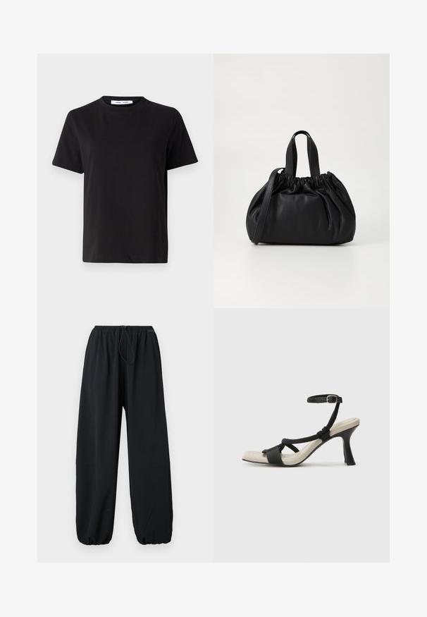 Fekete, rövid ujjú póló, puha pamutból készült, kerek nyakkivágással, laza szabással és sima textúrával. Nincs látható minta vagy grafikák.; Fekete, bő szárú nadrág, könnyű anyagból készült. Rugalmas derékkal rendelkezik, amely húzózsinórral állítható, és állítható mandzsetták találhatók az alján.; Fekete sarkú szandál fonott pánttal, négyzet alakú orral és állítható bokapánttal. Világos bézs talpbetét fényes fekete sarkával.; Fekete bőr kézitáska, összegyűrt felső dizájnnal, két rövid fülekkel és egy hosszú, állítható pánttal. Simább textúra, lekerekített forma.