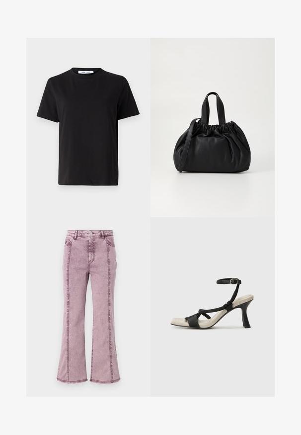 Svart kortermet t-skjorte laget av myk bomull, med rund hals, avslappet passform og en jevn tekstur. Ingen synlige mønstre eller grafikk.; Lilla denim flared jeans med høy midje, med synlig søm langs sidene og rå kant nederst.; Sorte helårs sandaler med flettet stroppesdesign, firkantet tå og justerbar ankelrem. Lys beige fotseng med glanset svart hæl.; Svart lærveske med en samlet toppdesign, som har to korte håndtak og en lang justerbar stropp. Glatt tekstur, rund form.