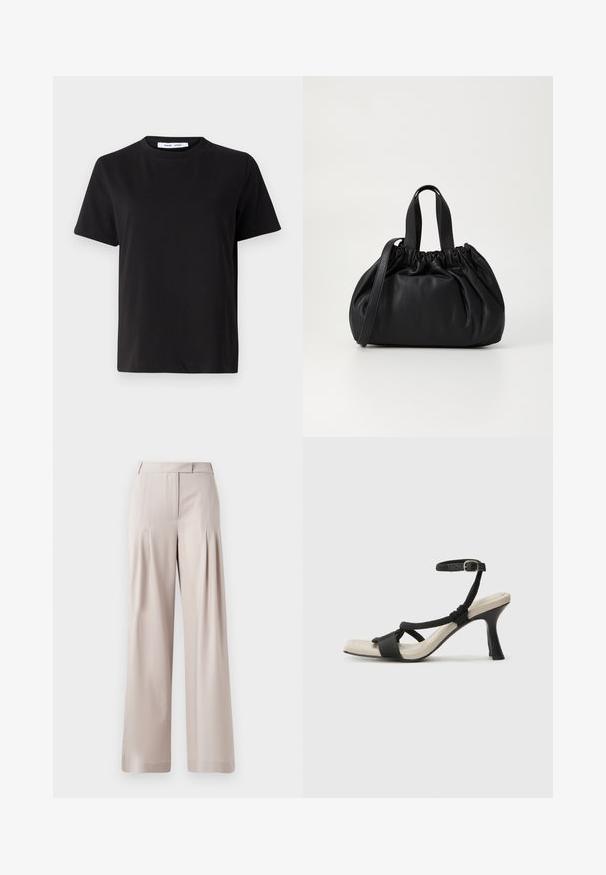 Melna īsām piedurknēm T-kreklu, kas izgatavots no mīksta kokvilnas, ar apļveida kakla izgriezumu, brīvu piegriezumu un gludu tekstūru. Nav redzamu rakstu vai grafikas.; Bežīgas platās bikses ar gludu tekstūru, krokotu frontāli un piegrieztu jostasvietu. Piemērotas gan formālai, gan ikdienišķai valkāšanai.; Melnas augstpapēžu sānijas ar pinuma siksnu dizainu, kvadrātveida purngali un regulējamu potītes siksnu. Gaismas beidzamais kāju paklājiņš ar spīdīgu melnu papēdi.; Melnas ādas rokassomu ar savākta augšdaļa dizainu, kas aprīkota ar divām īsām rokturiem un garu regulējamu siksnu. Gluda tekstūra, noapaļota forma.