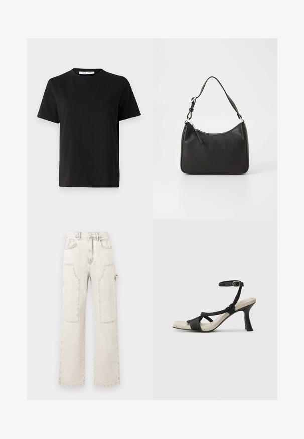 T-shirt preto de manga curta feito de algodão suave, com decote redondo, ajuste descontraído e uma textura suave. Sem padrões ou gráficos visíveis.; Calças de ganga de perna larga de cor clara com grandes bolsos aplicados, cintura alta, fecho de botão e detalhes com bainha crua.; Sandal com salto alto preto e design de tiras trançadas, bico quadrado e tira de tornozelo ajustável. Sola em tom bege claro com um salto preto brilhante.; Mala de mão em couro preto com formato curvo, uma alça, fecho em zip e uma marcação discreta na frente. Textura suave, design minimalista.