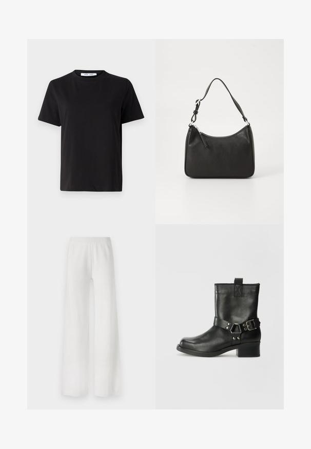 Svart kortermet t-skjorte laget av myk bomull, med rund hals, avslappet passform og en jevn tekstur. Ingen synlige mønstre eller grafikk.; Hvite vide bukser laget av et mykt stoff, med elastisk midjebånd, rett snitt, og uten synlige mønstre eller detaljer.; Samsøe Samsøe SABRENTA - Cowboystøvletter - black; Svart lærveske med en buet form, en enkelt stropp, glidelåslukking og subtil merkevarebygging på forsiden. Glatt tekstur, minimalistisk design.