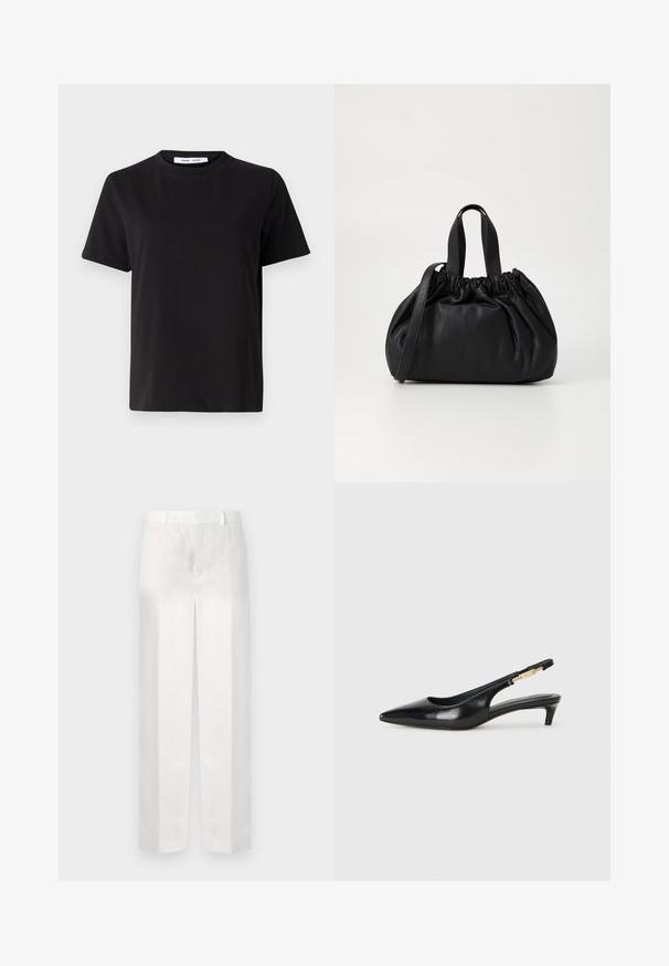 Black short-sleeve t-shirt made of soft cotton, featuring a round neckline, relaxed fit, and a smooth texture. No visible patterns or graphics.; White linen trousers with a straight cut, featuring a flat front, belt loops, and no visible pockets, showcasing a smooth, lightweight texture.; Black leather slingback heels with a pointed toe, featuring a slim heel and a gold-tone accent on the adjustable strap. Smooth texture.; Black leather handbag with a gathered top design, featuring two short handles and a long adjustable strap. Smooth texture, rounded shape.