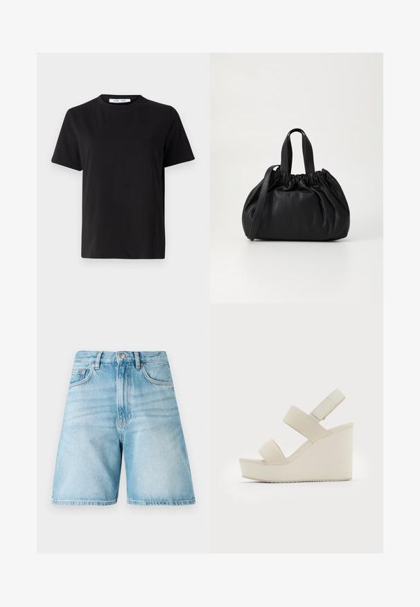 Tricou negru cu manșon scurt, fabricat din bumbac moale, având un guler rotund, o croială lejeră și o textură netedă. Fără modele sau grafice vizibile.; Shorts din denim albastru deschis, cu o croială lejeră, având cinci buzunare, bucle pentru curea și o textură decolorată. Fata este dreaptă și cusută.; Sandale bej cu talpă înaltă, cu două bretele late și un toc conic. Fabricate din material neted cu o talpă texturată. Logo-ul este embossat pe toc.; Geantă de mână din piele neagră cu un design cu partea superioară plisată, având două mânere scurte și o curea lungă ajustabilă. Textură netedă, formă rotunjită.