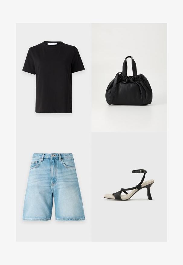 Sort t-shirt med korte ærmer fremstillet af blødt bomuld, med rund halsudskæring, afslappet pasform og en glat overflade. Ingen synlige mønstre eller grafik.; Lyseblå denimshorts med afslappet pasform, der har fem lommer, bæltestropper og en falmet tekstur. Kanten er lige og syet.; Sorte hælede sandal med flettet remdesign, firkantet tå og justerbar ankelrem. Lys beige fodseng med en blank sort hæl.; Sort læderhåndtaske med en samlet topdesign, der har to korte håndtag og en lang justerbar rem. Glat overflade, rund form.