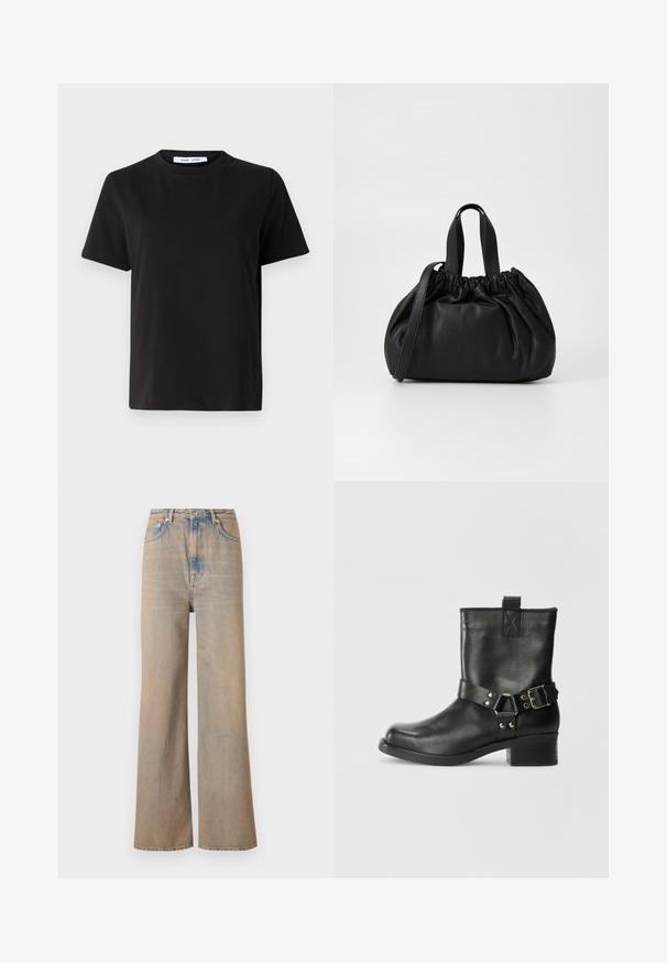 Camiseta negra de manga corta hecha de algodón suave, con un cuello redondo, corte relajado y una textura lisa. Sin patrones ni gráficos visibles.; Jeans de tiro alto y pierna ancha en un lavado claro, fabricados en denim. Presentan costuras sutiles y cinco bolsillos, con una textura ligeramente desgastada.; Samsøe Samsøe SABRENTA - Botines camperos - black; Bolso de mano de cuero negro con un diseño de parte superior fruncida, que cuenta con dos asas cortas y una correa larga ajustable. Textura suave, forma redondeada.