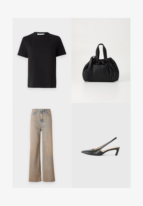 Musta lyhythihainen t-paita, joka on valmistettu pehmeästä puuvillasta. Paitassa on pyöreä kaula-aukko, rento malli ja sileä pinta. Ei näkyviä kuvioita tai graafisia elementtejä.; Vaaleanpesua tehty leveälahkeiset farkut, joissa on korkea vyötärö, valmistettu denimestä. Ominaisuuksia ovat hienovarainen ommel ja viisi taskua, sekä hieman haalistunut pinta.; Musta, kärjeltään terävä slingback-kengä, jossa on matala korko. Kengässä on sileä nahkamateriaali ja sivuilla leikkaukset hengittävyyttä varten.; Musta nahkabag, jossa on kerätty yläosa. Varustettu kahdella lyhyellä kantokahvalla ja pitkällä säädettävällä hihnalla. Sileä pinta, pyöreä muoto.