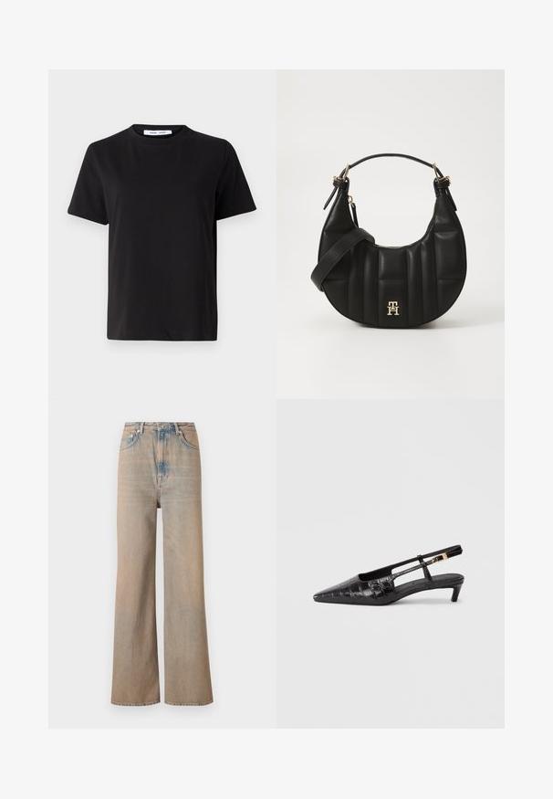 Svart kortermet t-skjorte laget av myk bomull, med rund hals, avslappet passform og en jevn tekstur. Ingen synlige mønstre eller grafikk.; Lysvaskede, vide ben jeans med høj talje, lavet af denim. Har diskret syninger og fem lommer, med en let falmet tekstur.; Sorte skinn slingback-sko med spiss tå og krokodillemønster, liten stablet hæl og justerbar stropp med metallspenne.; Svart skinnhåndveske med en buet form, kviltet tekstur og gullhardware. Har en avtagbar skulderrem og logo-detaljer.