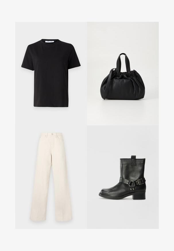 Črna majica s kratkimi rokavi iz mehkega bombaža, ki ima okroglo izrezovanje, udoben kroj in gladko teksturo. Brez vidnih vzorcev ali grafike.; Bež hlače širokih nogavic z visokim pasom, narejene iz mehkega, teksturiranega materiala. Imajo gzip za gumbe in sprednje žepe za funkcionalnost.; Samsøe Samsøe SABRENTA - Gležnjar v kavbojskem in motorističnem slogu - black; Črna usnjena torbica z zloženim zgornjim dizajnom, opremljena z dvema kratkima ročkama in dolgo nastavljivo naramnico. Gladka tekstura, okrogla oblika.