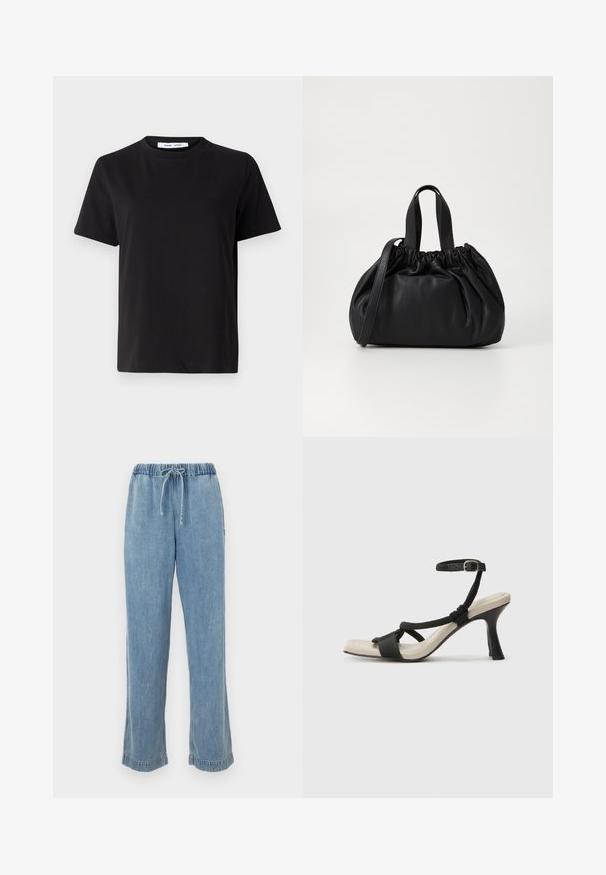 Crna kratka majica s kratkim rukavima od mekanog pamuka, s okruglim izrezom, opuštenim krojem i glatkom teksturom. Nema vidljivih uzoraka ili grafike.; Svijetloplave traperice s elastičnim pojasom, vezicom i povijenim manžetama. Dizajn ravnih nogavica s ležernim krojem.; Crne sandale na visokom potpetici s dizajnom pletenih trakica, kvadratnim vrhom i podešivom trakicom oko gležnja. Svijetlosmeđi ulošci s sjajnim crnim potpeticama.; Crna kožna torba s nabranim dizajnom na vrhu, s dva kratka ručka i dugim podesivim remenom. Glatka tekstura, zaobljen oblik.
