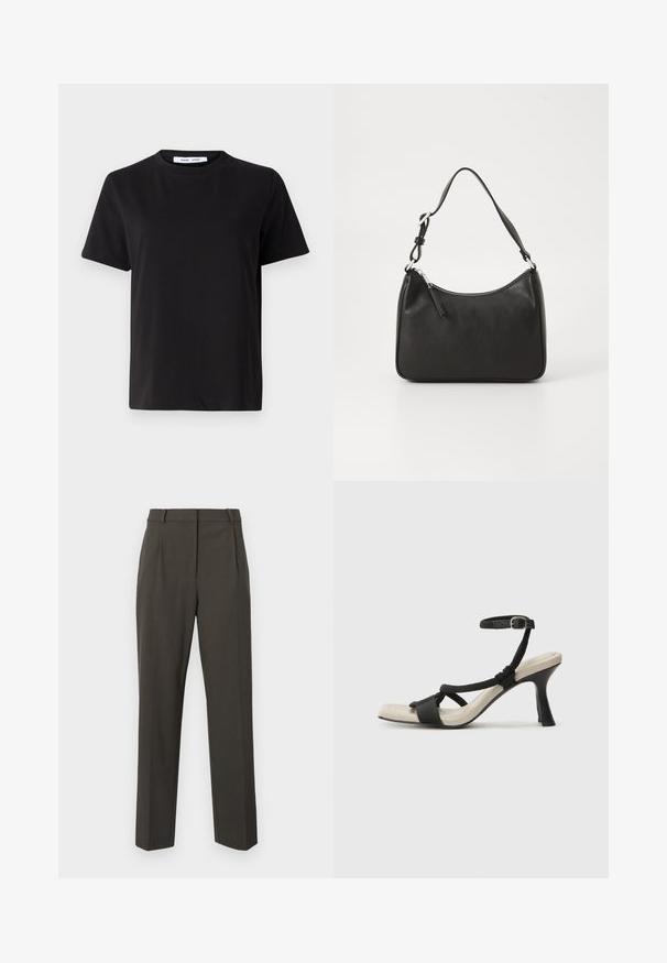 Zwart T-shirt met korte mouwen, gemaakt van zachte katoen, met een ronde hals, een ontspannen pasvorm en een gladde textuur. Geen zichtbare patronen of opdrukken.; Donkergrijze broek van gladde stof, met een verfijnd ontwerp, rechte pijpen en minimalistische plooien aan de voorkant.; Zwarte hoge hak sandaal met een gevlochten bandontwerp, vierkante teen en verstelbare enkelband. Lichtbeige voetbed met een glanzende zwarte hak.; Zwarte leren handtas met een gebogen vorm, een enkele schouderband, ritsluiting en subtiele branding aan de voorkant. Glad textuur, minimalistisch ontwerp.