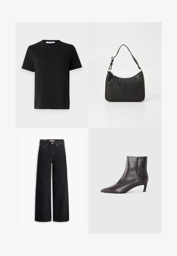 Camiseta negra de manga corta hecha de algodón suave, con un cuello redondo, corte relajado y una textura lisa. Sin patrones ni gráficos visibles.; Jeans de pierna ancha negros hechos de denim, con cinco bolsillos, remaches de cobre y un cierre clásico de botón. Textura suave con un diseño limpio.; Botín negro de cuero hasta el tobillo con punta afilada y tacón bajo de tipo kitten, acabado suave, con cremallera lateral, presentado sobre un fondo neutro.; Bolso de mano de cuero negro con forma curvada, una sola correa, cierre de cremallera y marcas sutiles en la parte frontal. Textura suave, diseño minimalista.